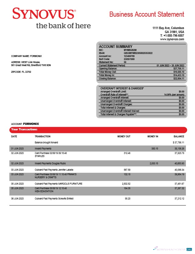Download Synovus Bank enterprise statement Word and PDF template Photoshop template